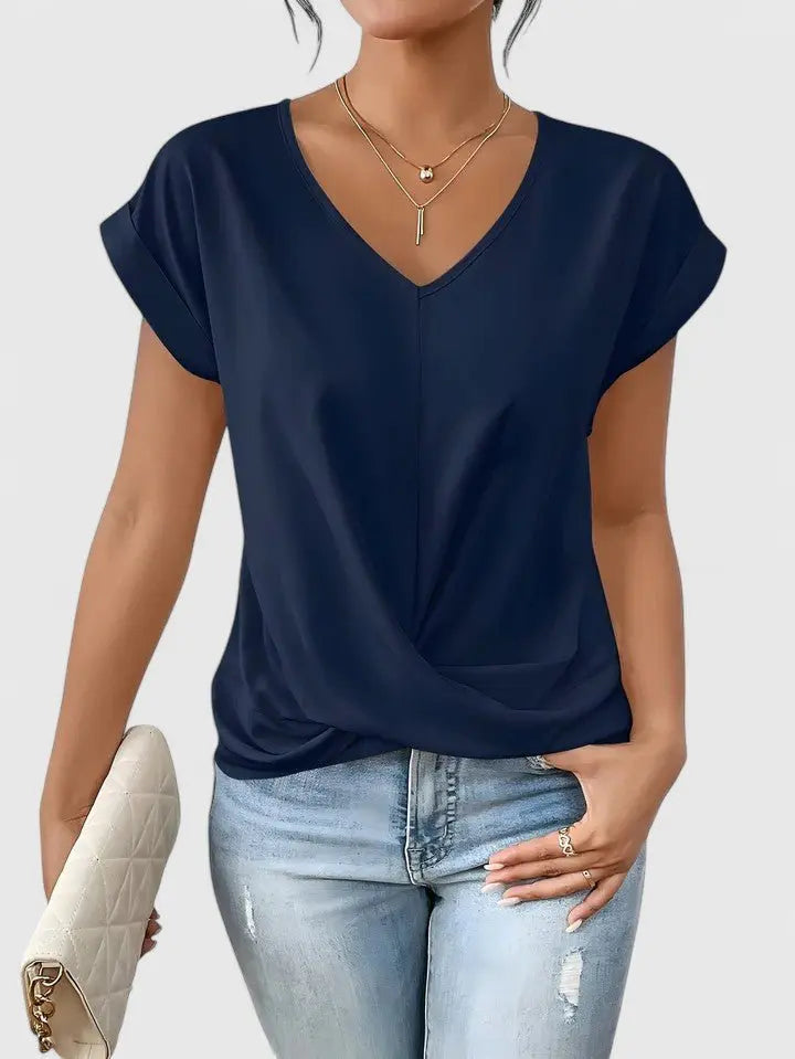 V-Neck Twist Front Top Short Sleeve Casual - Marine Blue