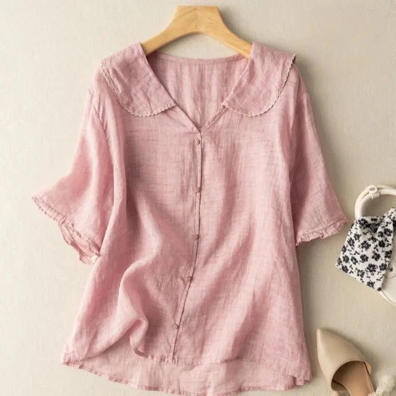 Vintage Blouse Scalloped Collar Button Front Linen - Pink