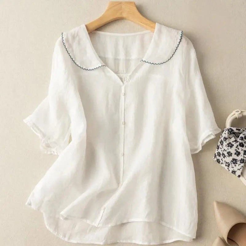 Vintage Blouse Scalloped Collar Button Front Linen - White