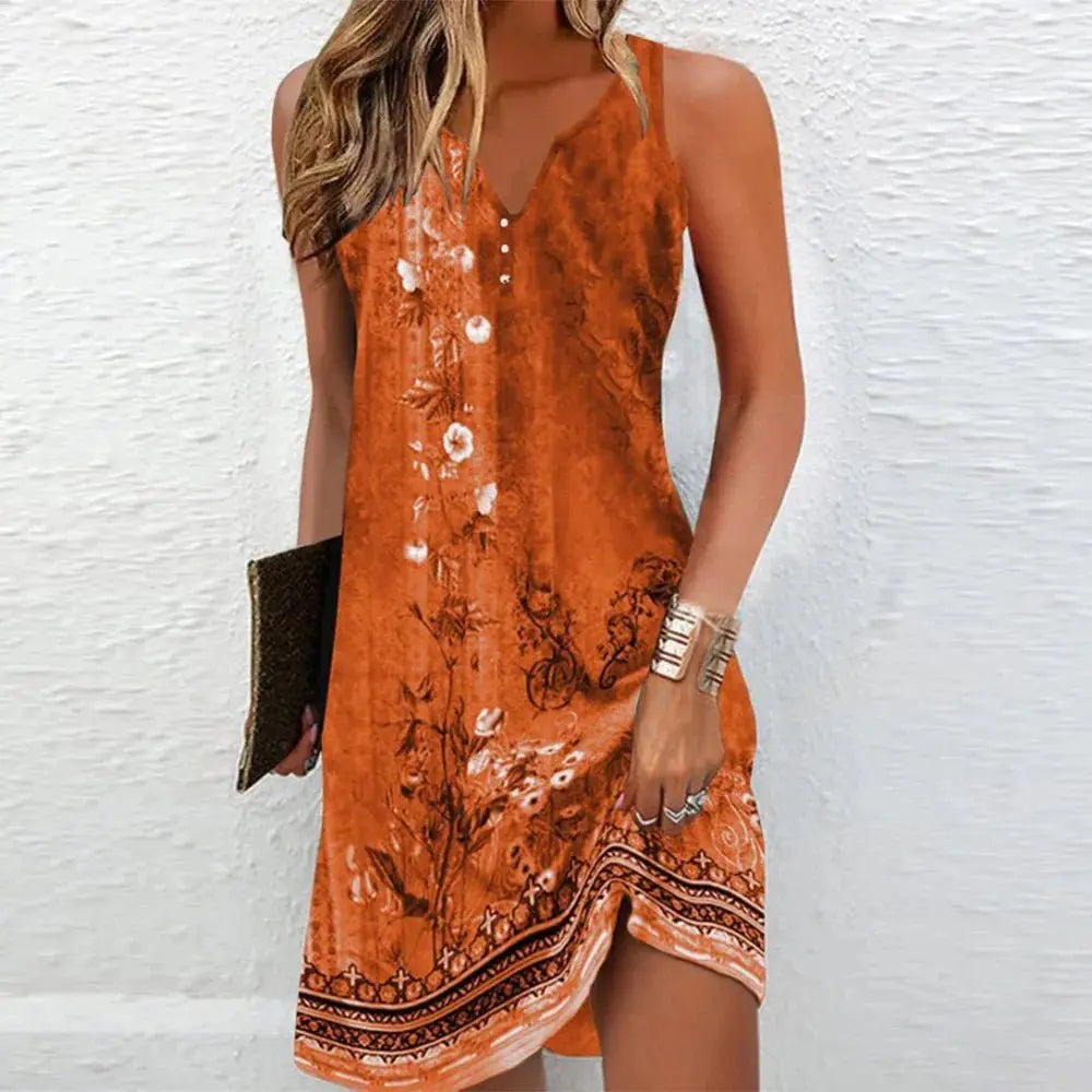 Vintage Floral Summer Dress Sleeveless V-Neck Casual - Orange