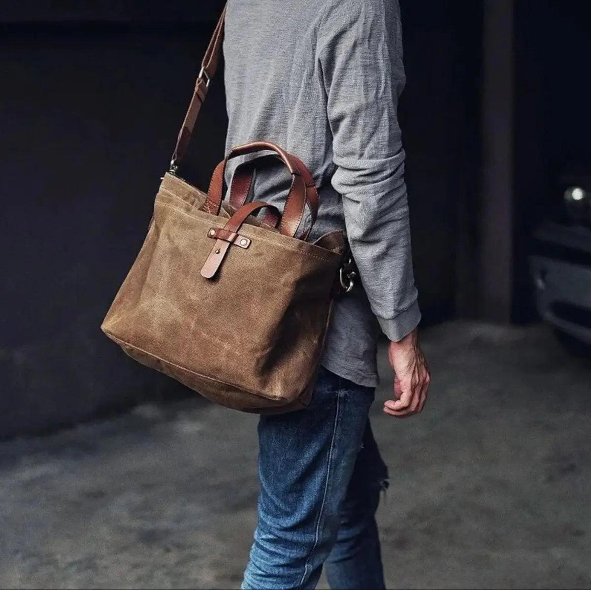 Waxed Canvas Leather Trim Tote Bag Waterproof Crossbody Shopper