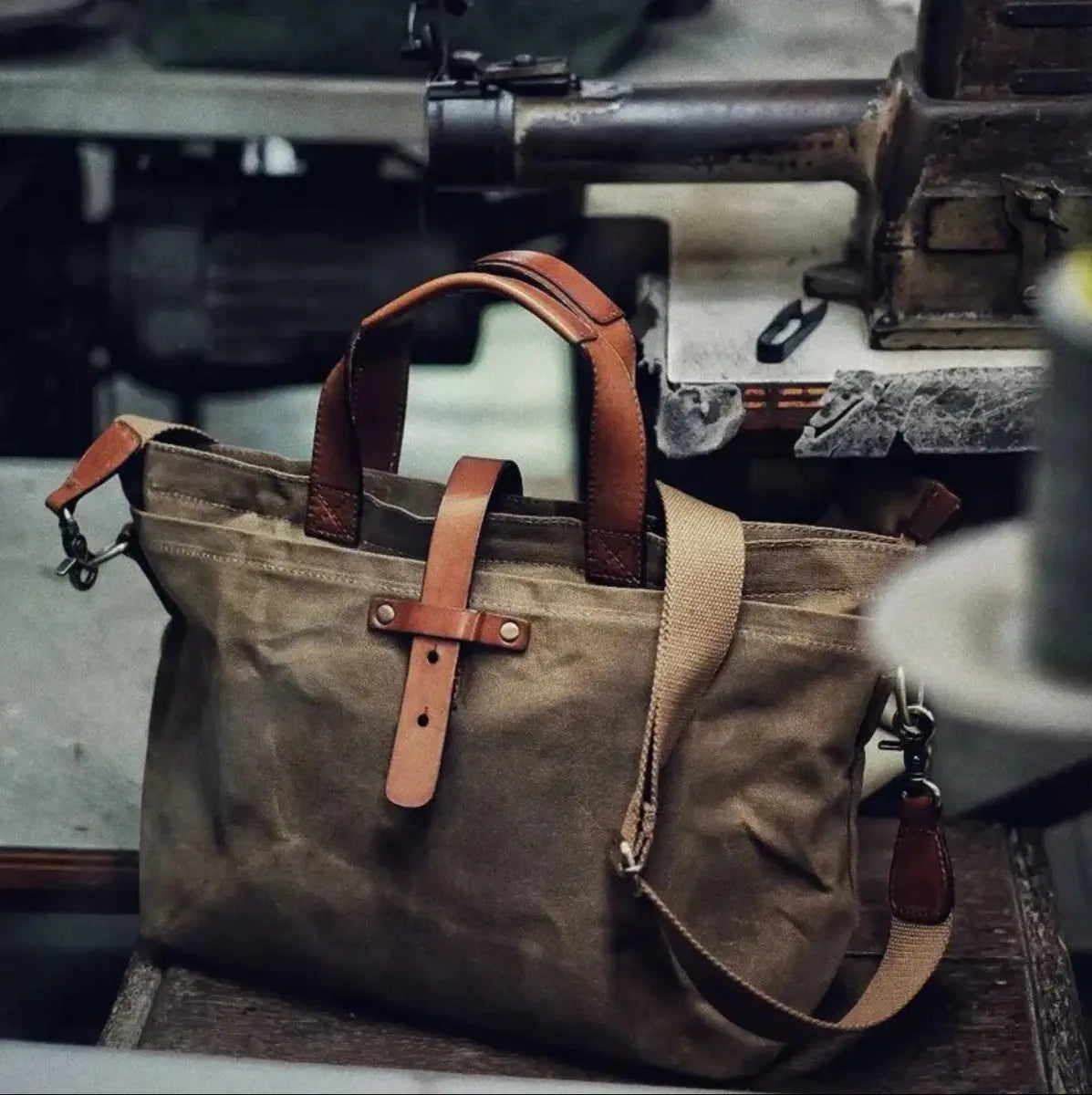 Waxed Canvas Leather Trim Tote Bag Waterproof Crossbody Shopper