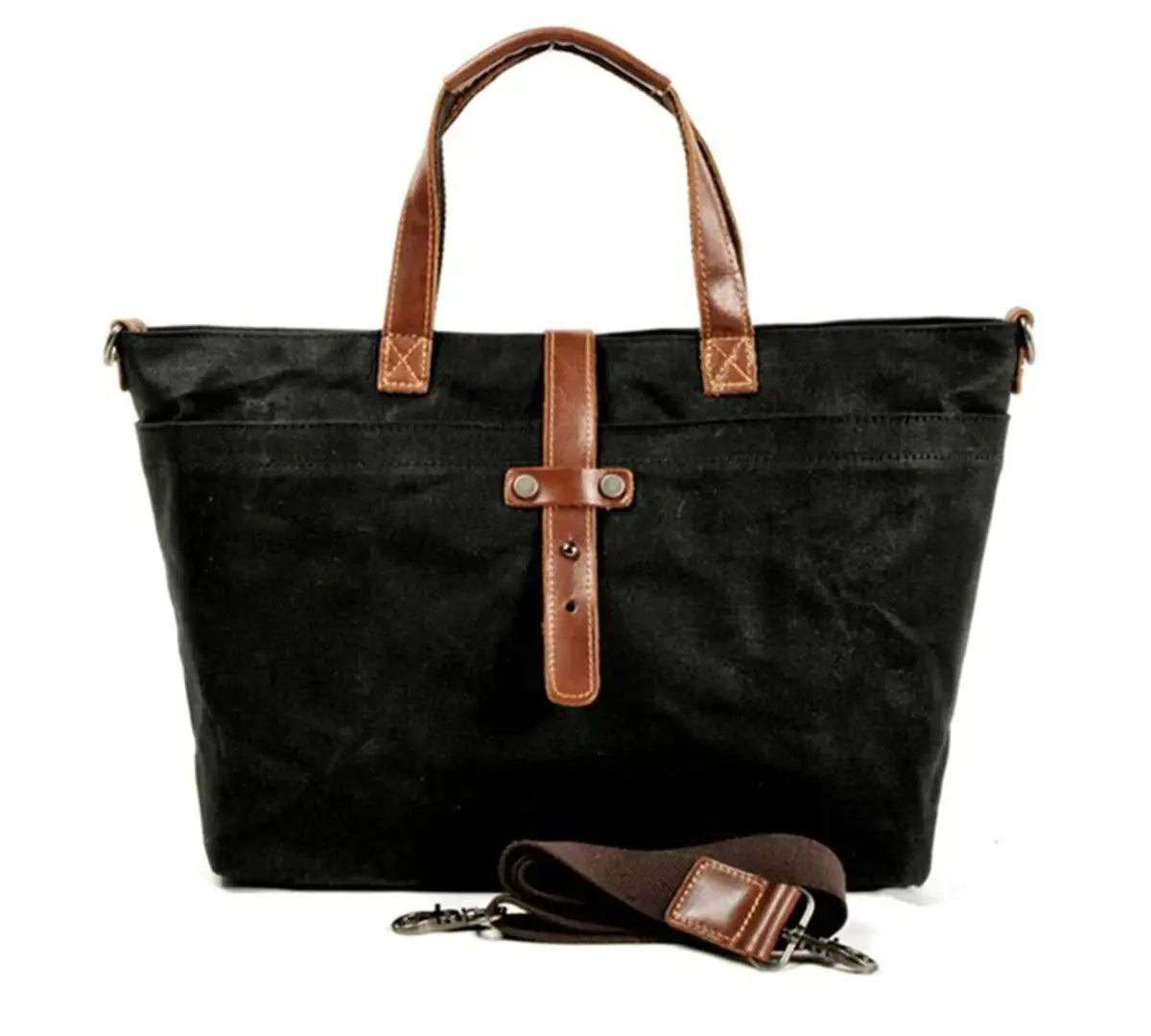 Waxed Canvas Leather Trim Tote Bag Waterproof Crossbody Shopper - Coal Mine