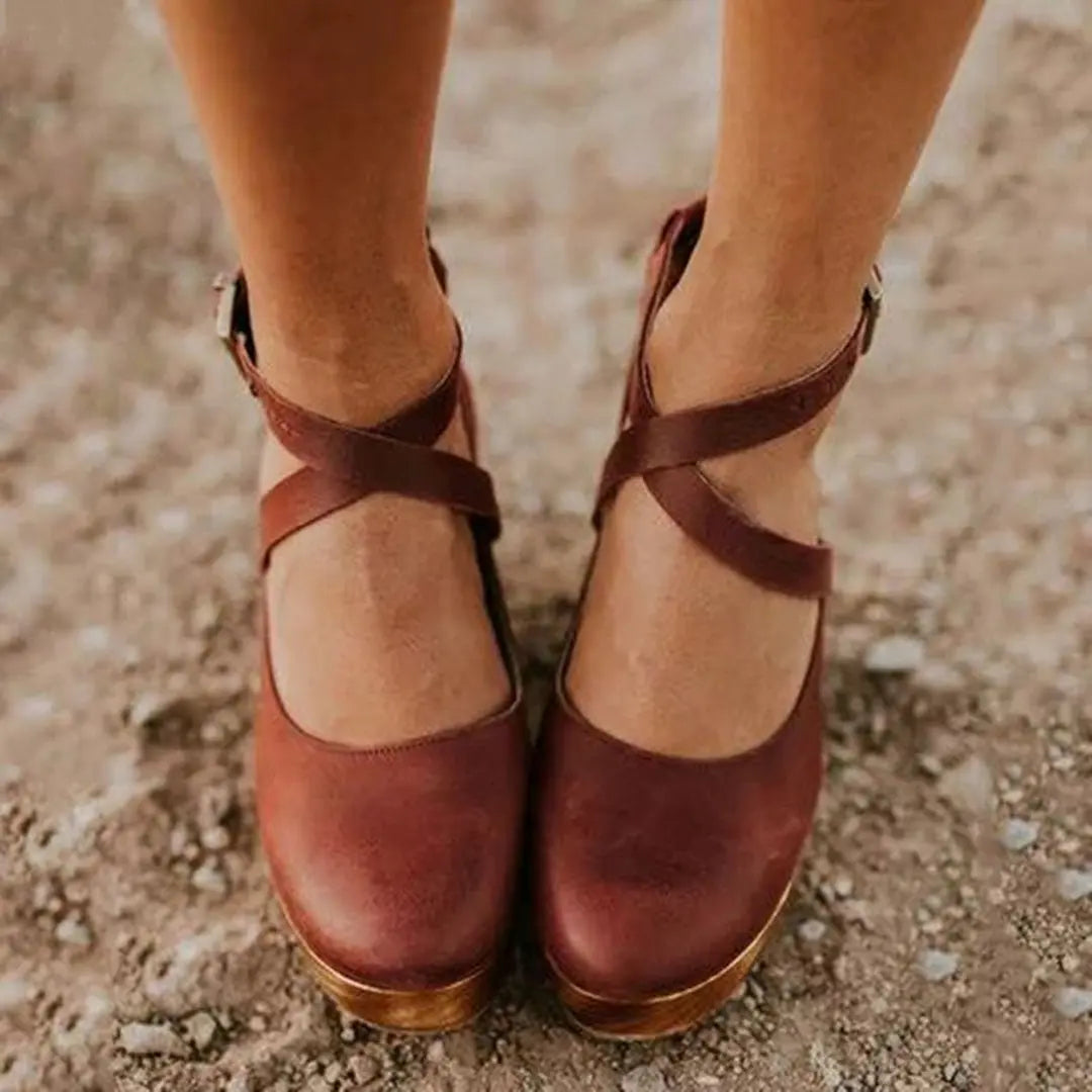 Wedge Heels Closed Toe Ankle Strap Mary Jane Platform - Brown