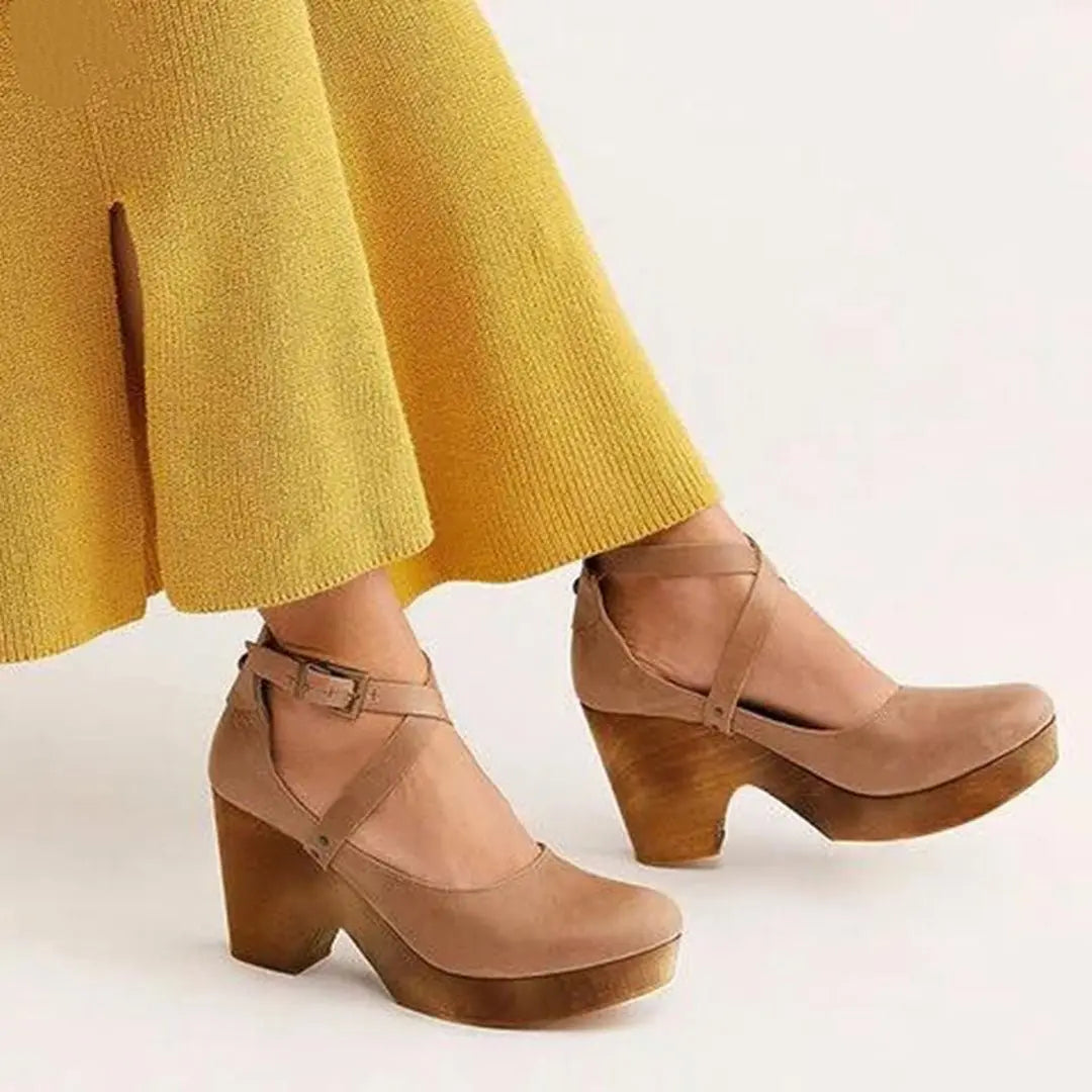 Wedge Heels Closed Toe Ankle Strap Mary Jane Platform - Khaki
