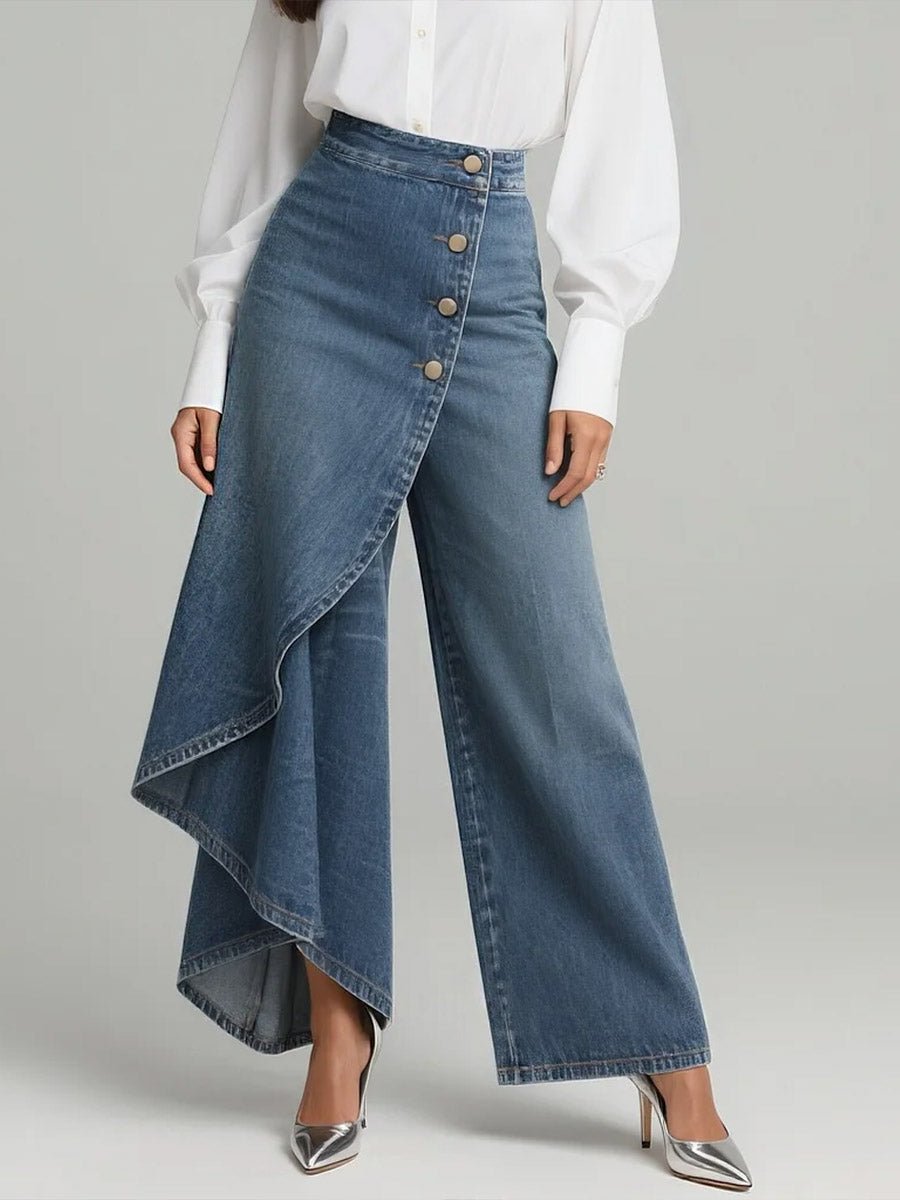 Wide Leg Denim Trousers High Waisted Button Front - Blau