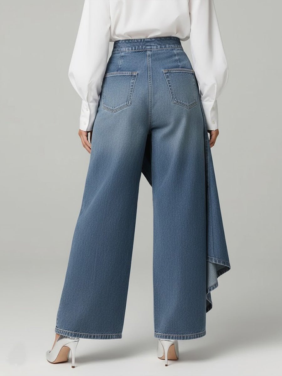 Wide Leg Denim Trousers High Waisted Button Front