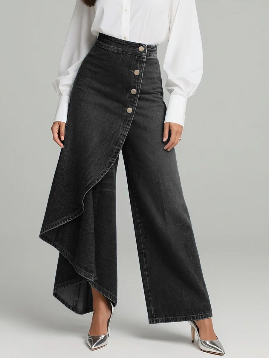 Wide Leg Denim Trousers High Waisted Button Front - Schwarz