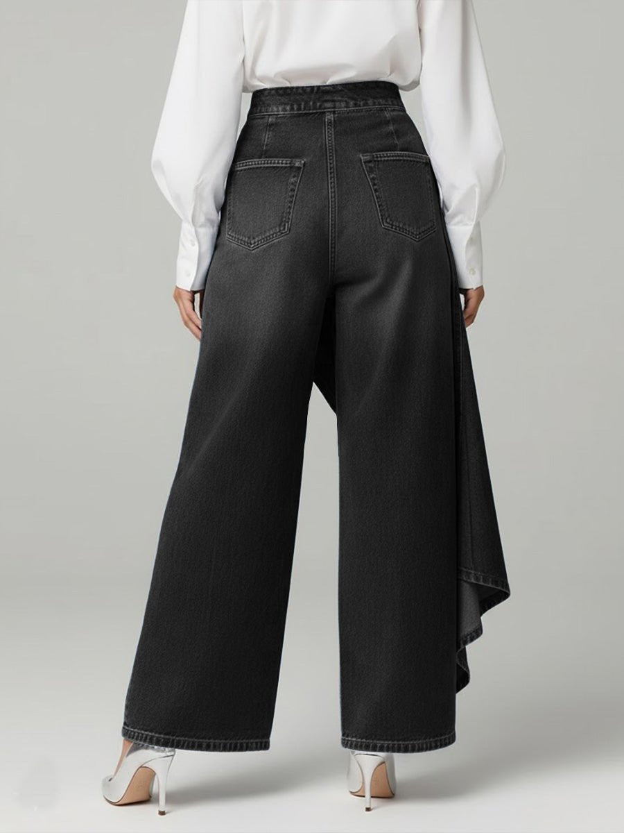 Wide Leg Denim Trousers High Waisted Button Front