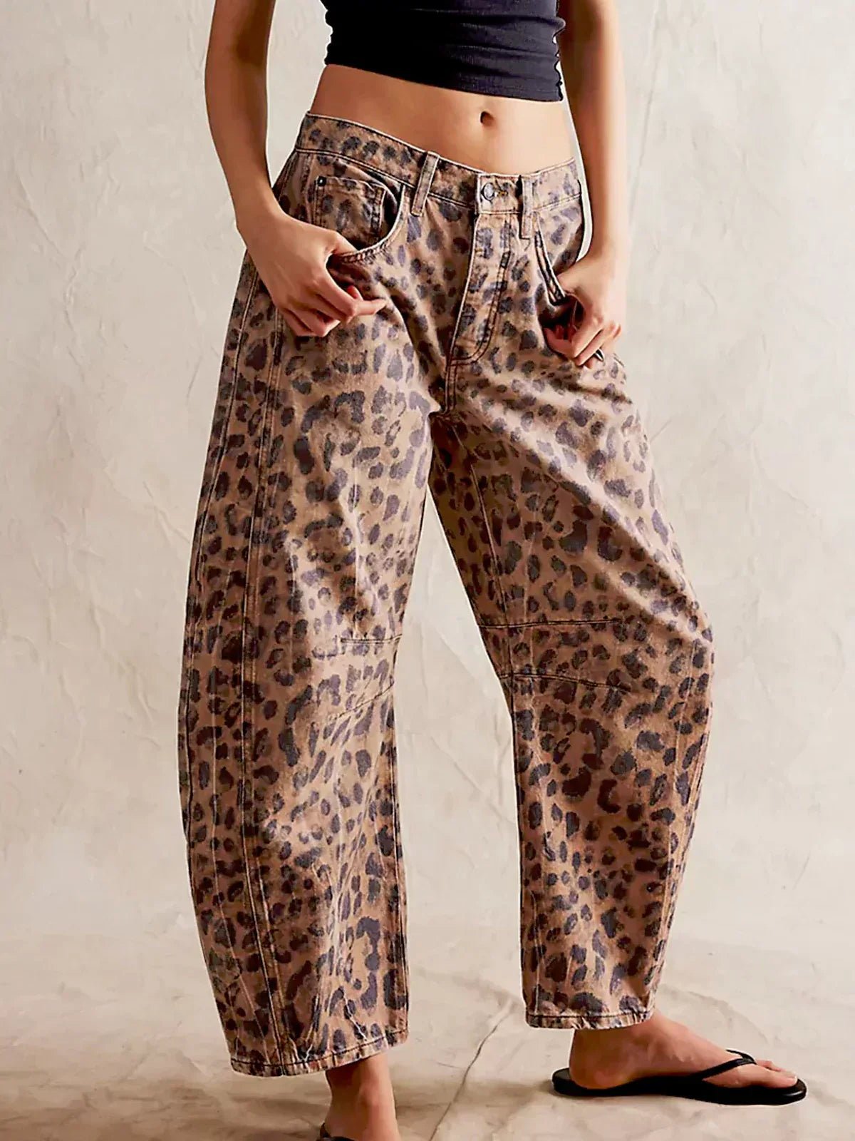 Wide Leg High Waisted Denim Jeans Animal Print Straight - Leopard