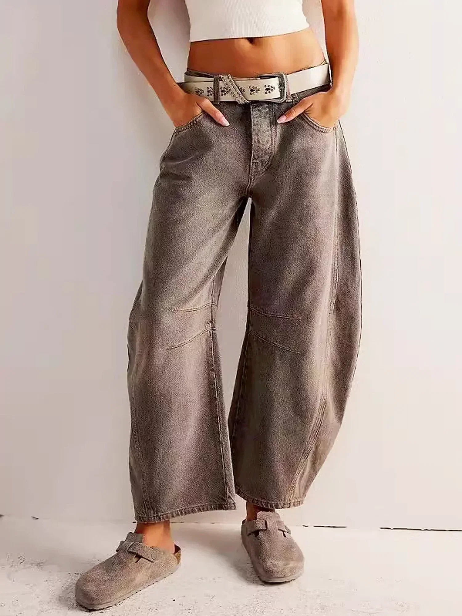 Wide Leg High Waisted Denim Jeans Animal Print Straight - Brown