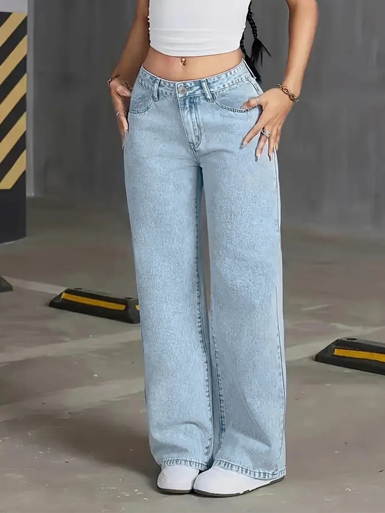 Wide Leg High Waisted Denim Jeans Relaxed Fit - Blue