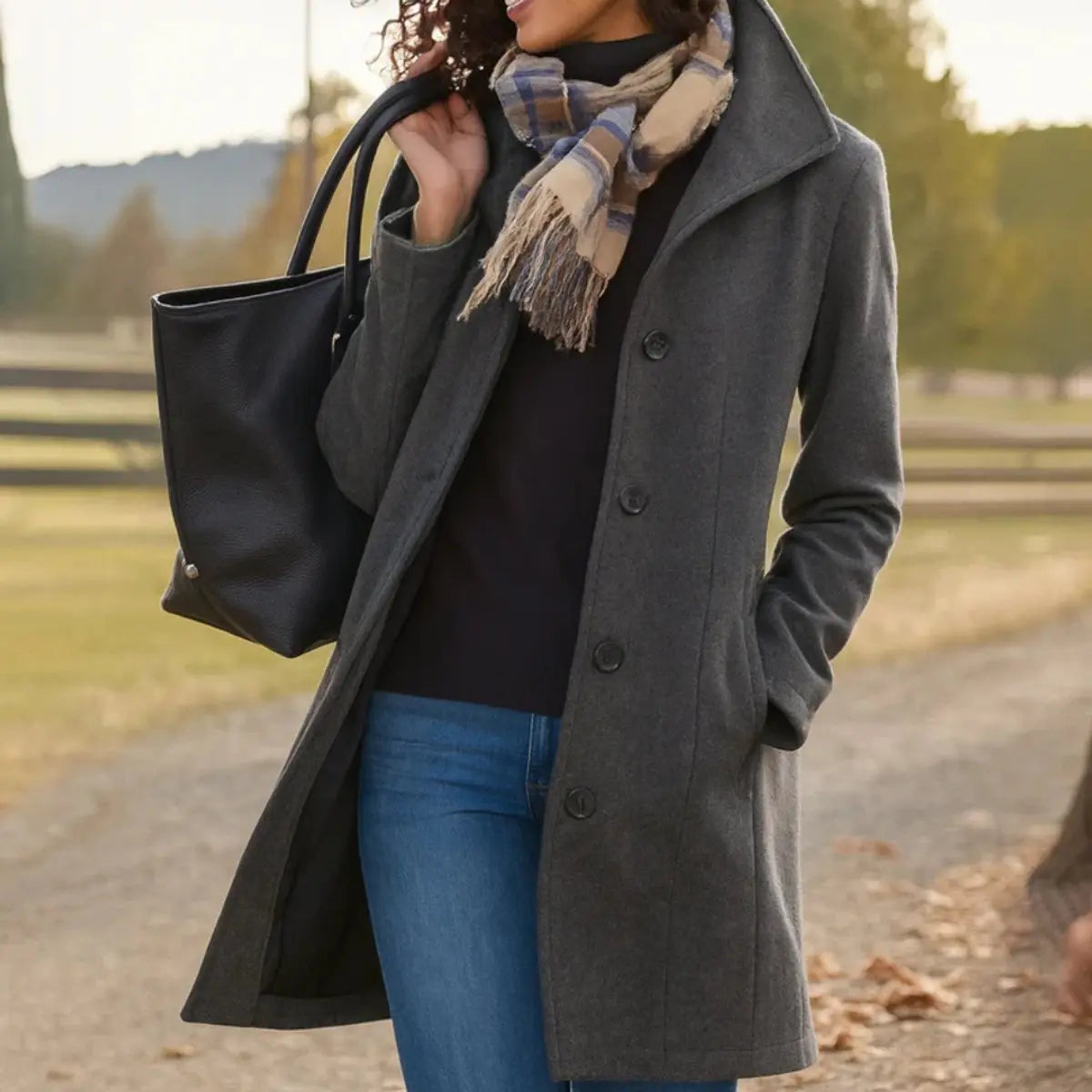 Women Coat Classic Mid-Length Single-Breasted Button Overcoat - Grey