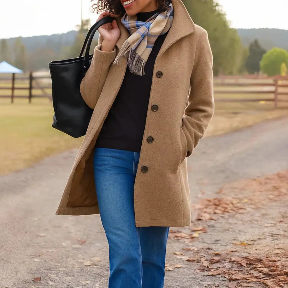 Women Coat Classic Mid-Length Single-Breasted Button Overcoat - Khaki