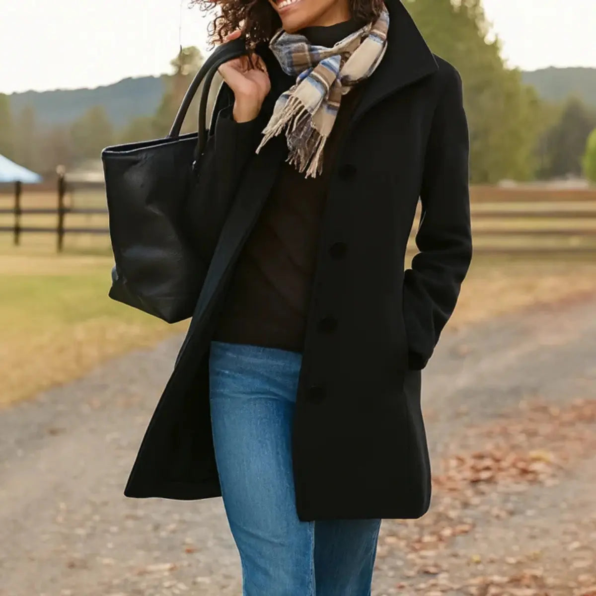 Women Coat Classic Mid-Length Single-Breasted Button Overcoat - Black
