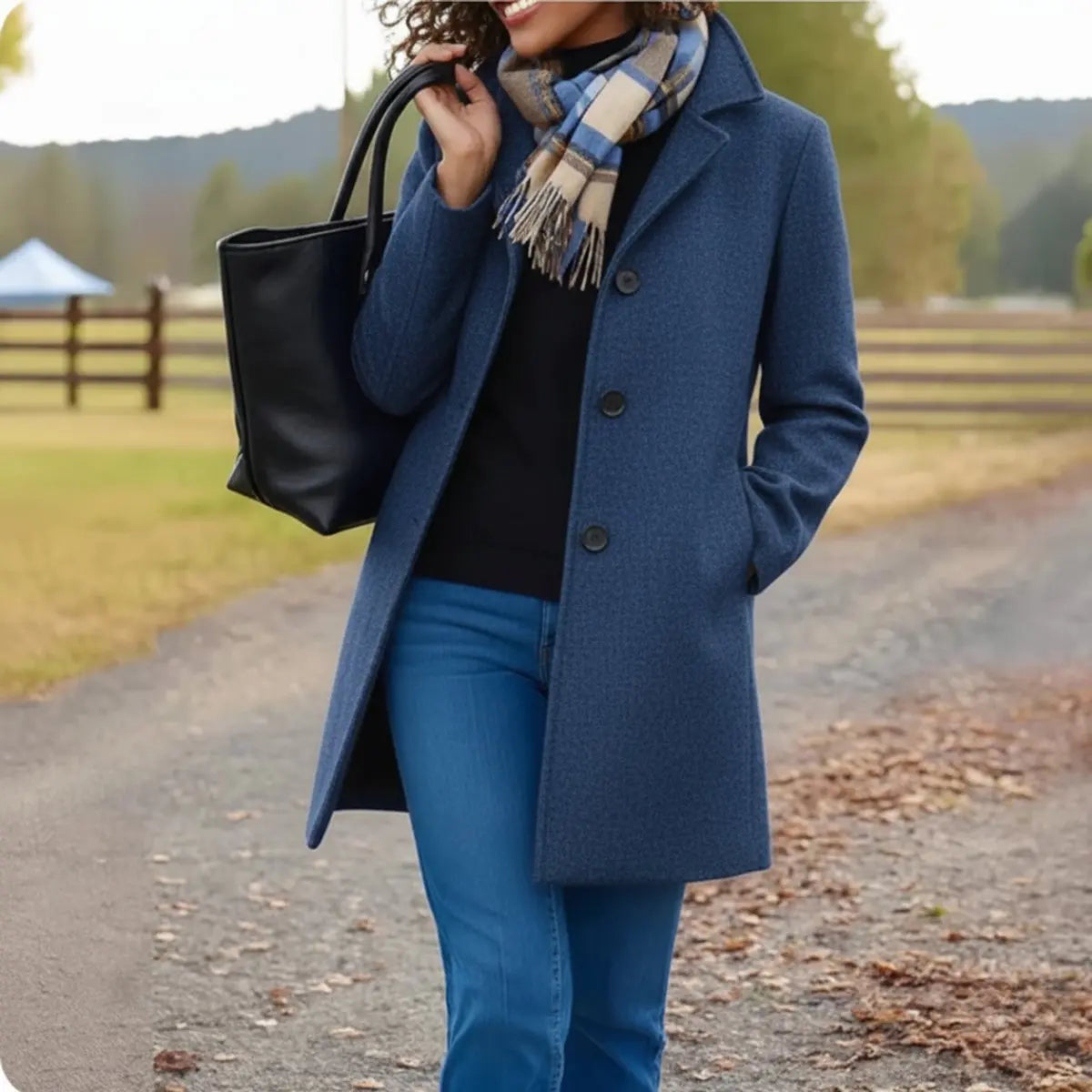 Women Coat Classic Mid-Length Single-Breasted Button Overcoat - Blue