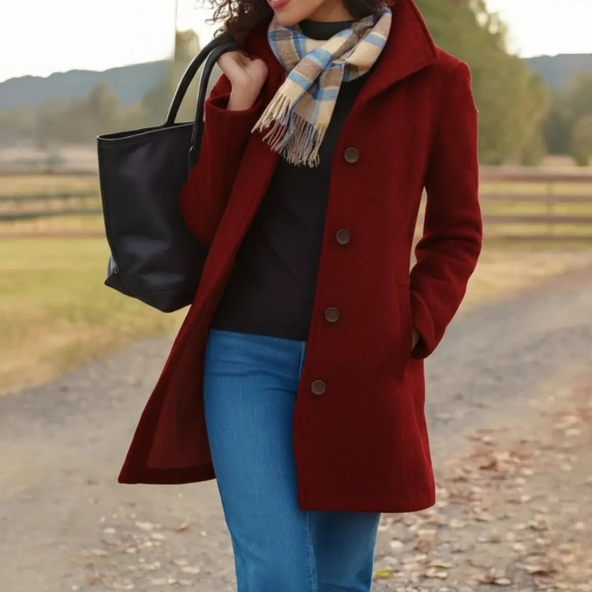 Women Coat Classic Mid-Length Single-Breasted Button Overcoat - Red