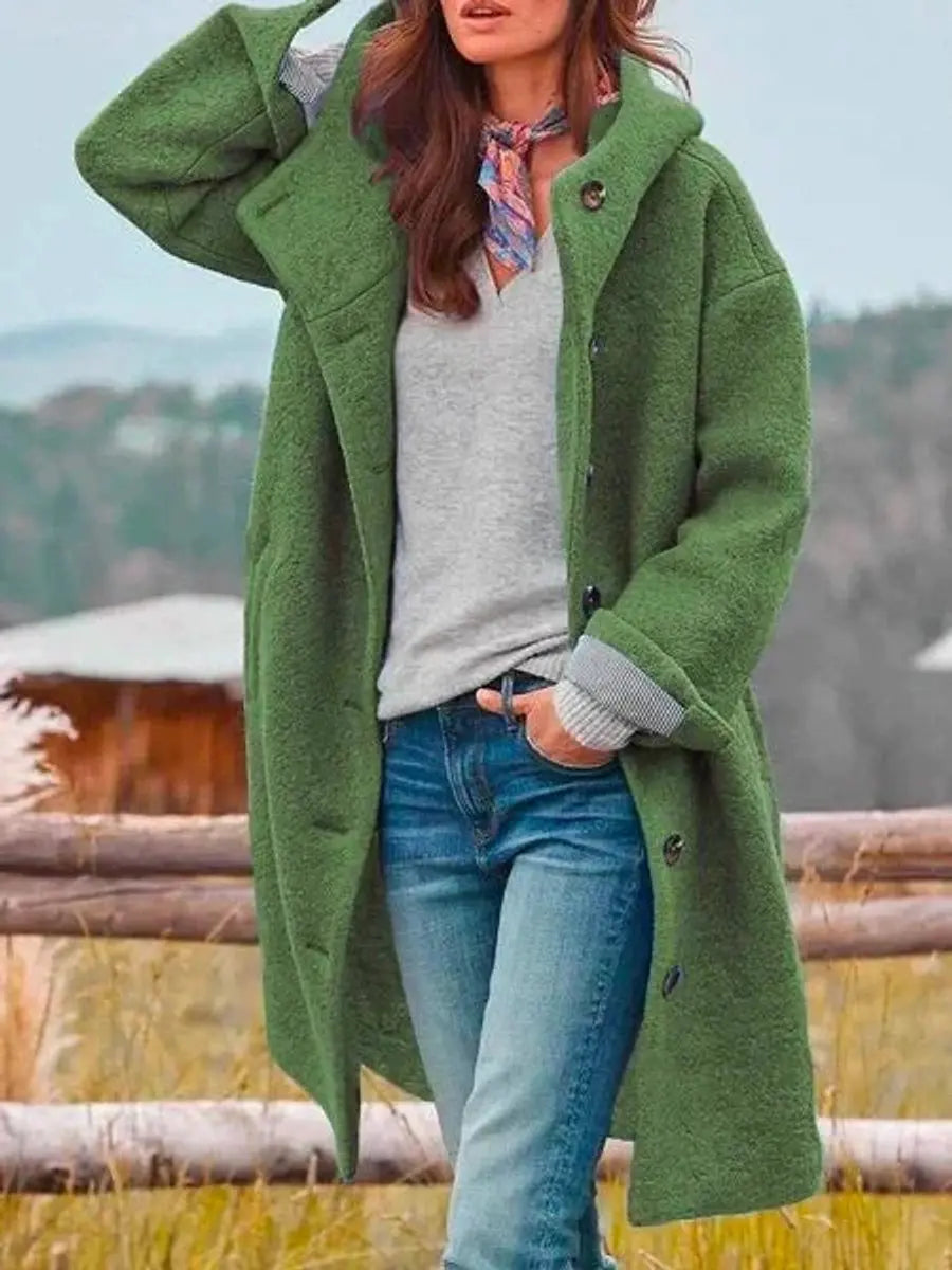 Women Coat Hooded Fleece Long Button-Up Casual Overcoat - Dark Green