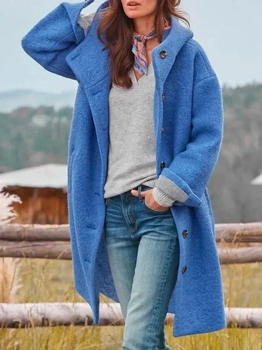 Women Coat Hooded Fleece Long Button-Up Casual Overcoat - Blue