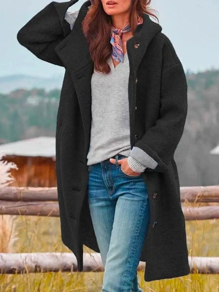 Women Coat Hooded Fleece Long Button-Up Casual Overcoat - Black