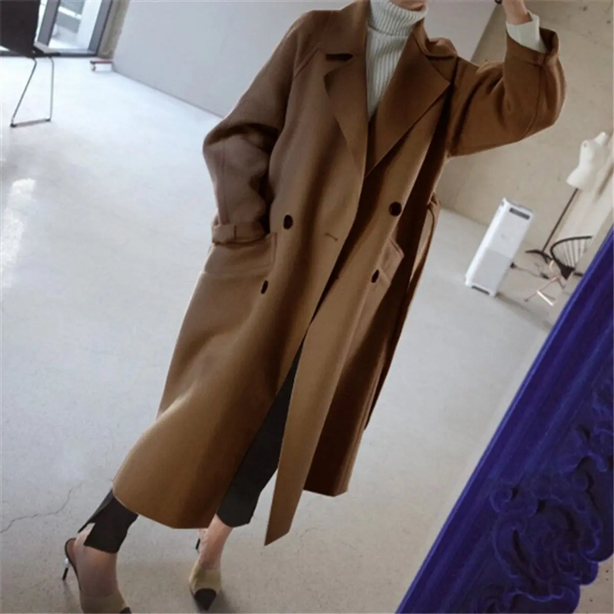 Women Coat Long Double-Breasted Cashmere Overcoat