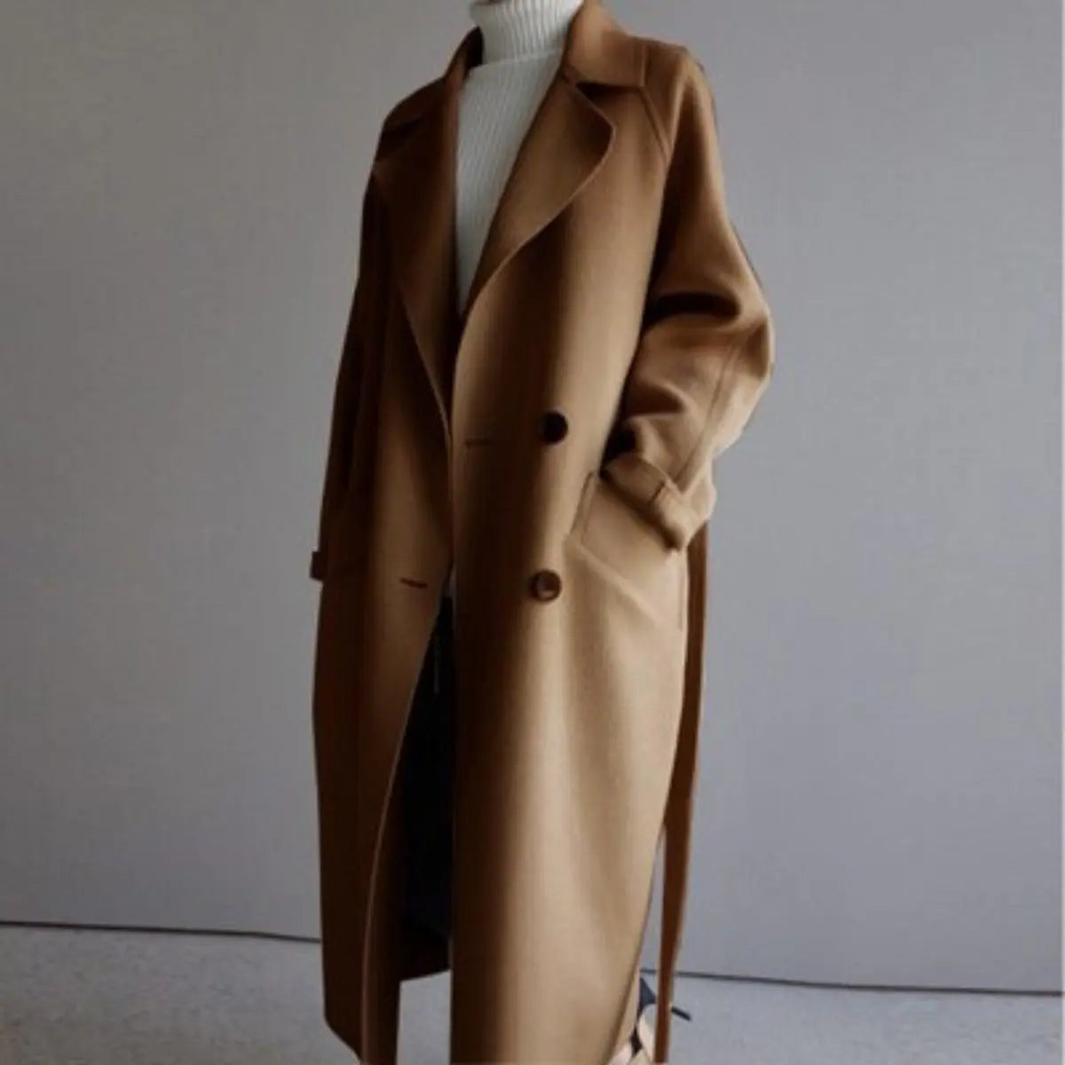 Women Coat Long Double-Breasted Cashmere Overcoat - Caramel