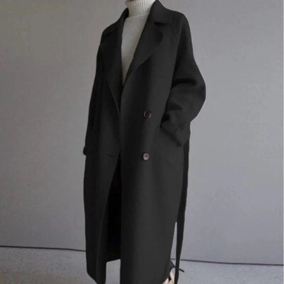 Women Coat Long Double-Breasted Cashmere Overcoat - Black