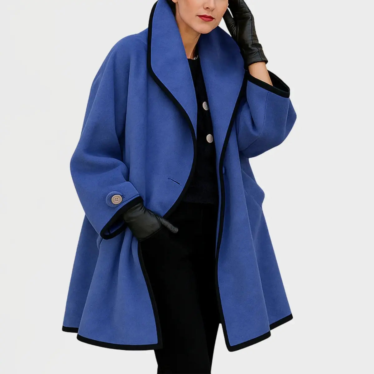 Women Coat Oversized Wool-Blend Swing Coat Black Contrast Trim - Blue