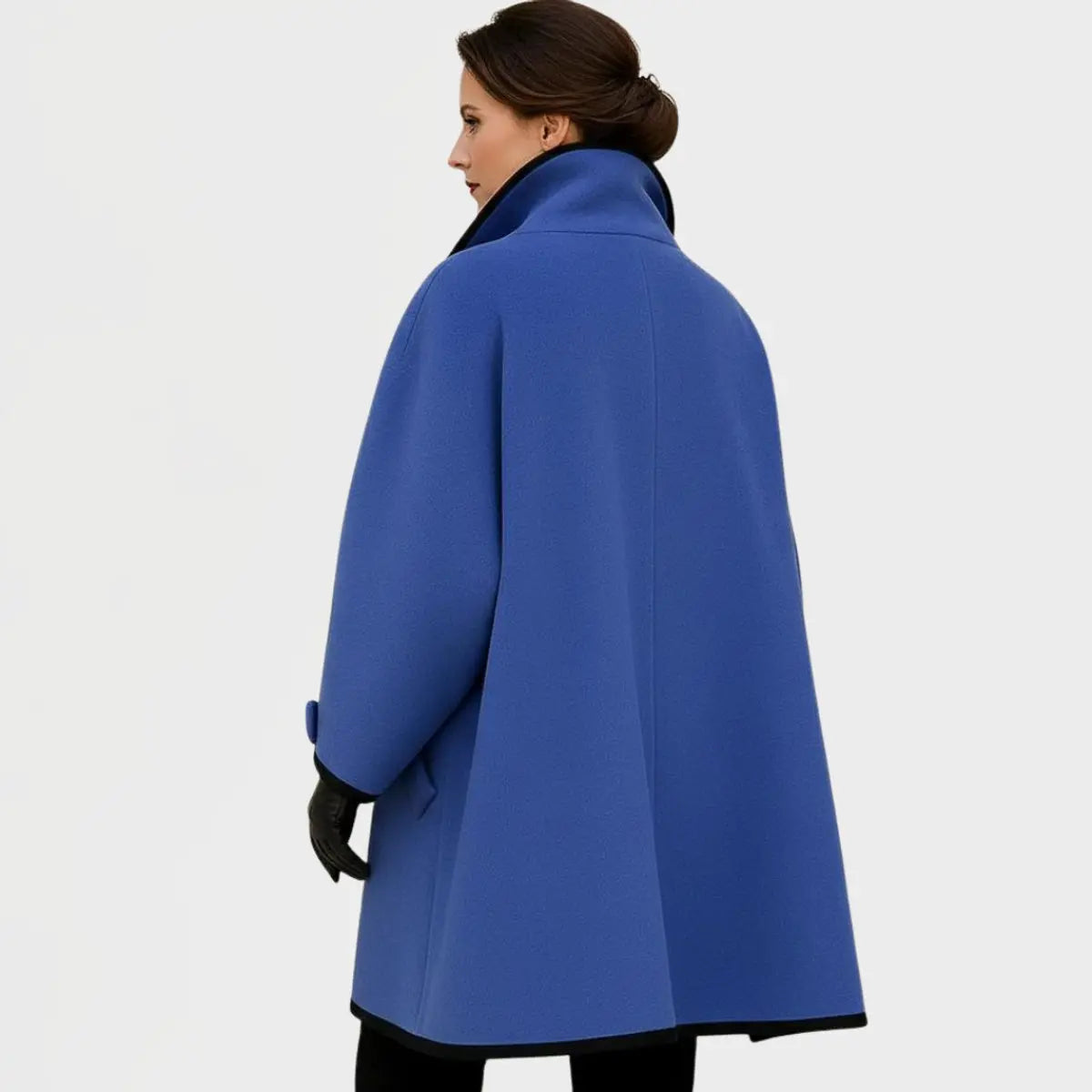 Women Coat Oversized Wool-Blend Swing Coat Black Contrast Trim