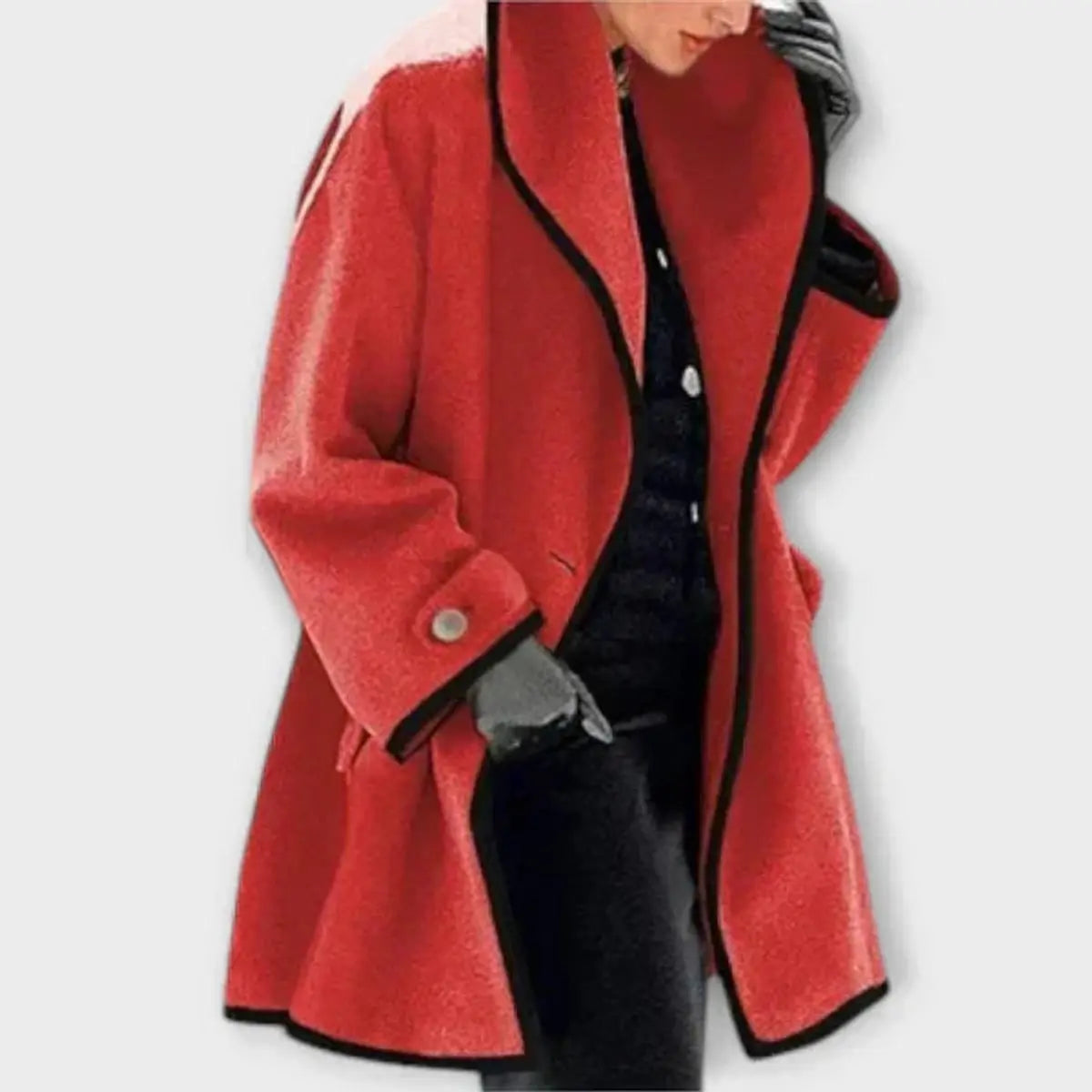 Women Coat Oversized Wool-Blend Swing Coat Black Contrast Trim - Red
