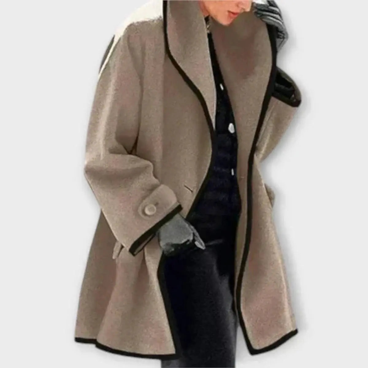 Women Coat Oversized Wool-Blend Swing Coat Black Contrast Trim - Khaki