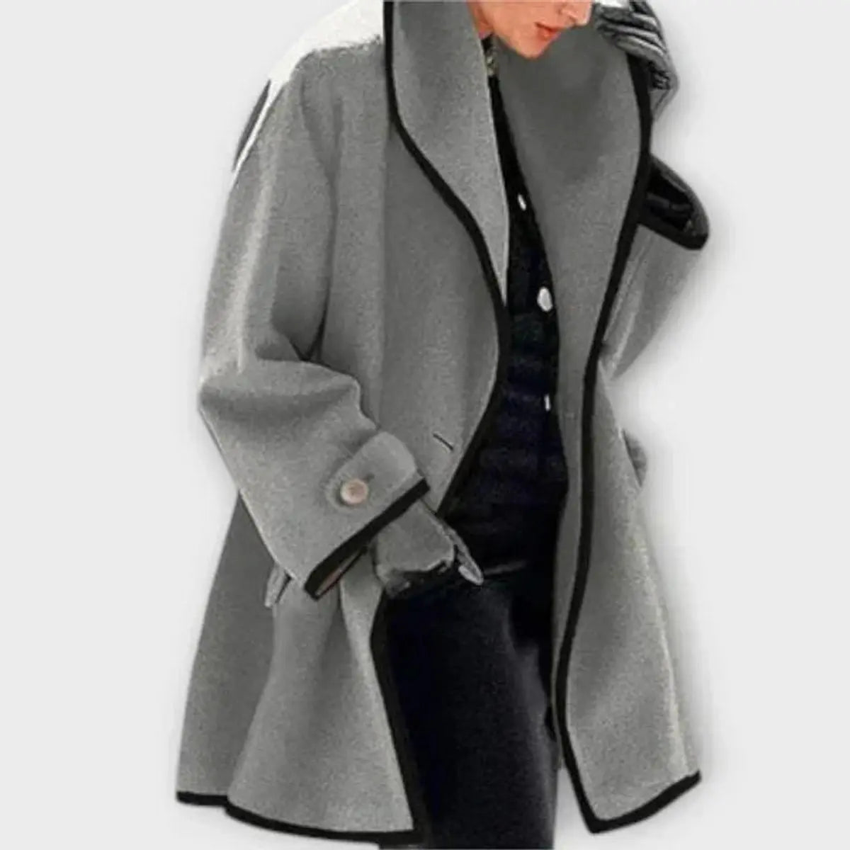 Women Coat Oversized Wool-Blend Swing Coat Black Contrast Trim - Grey