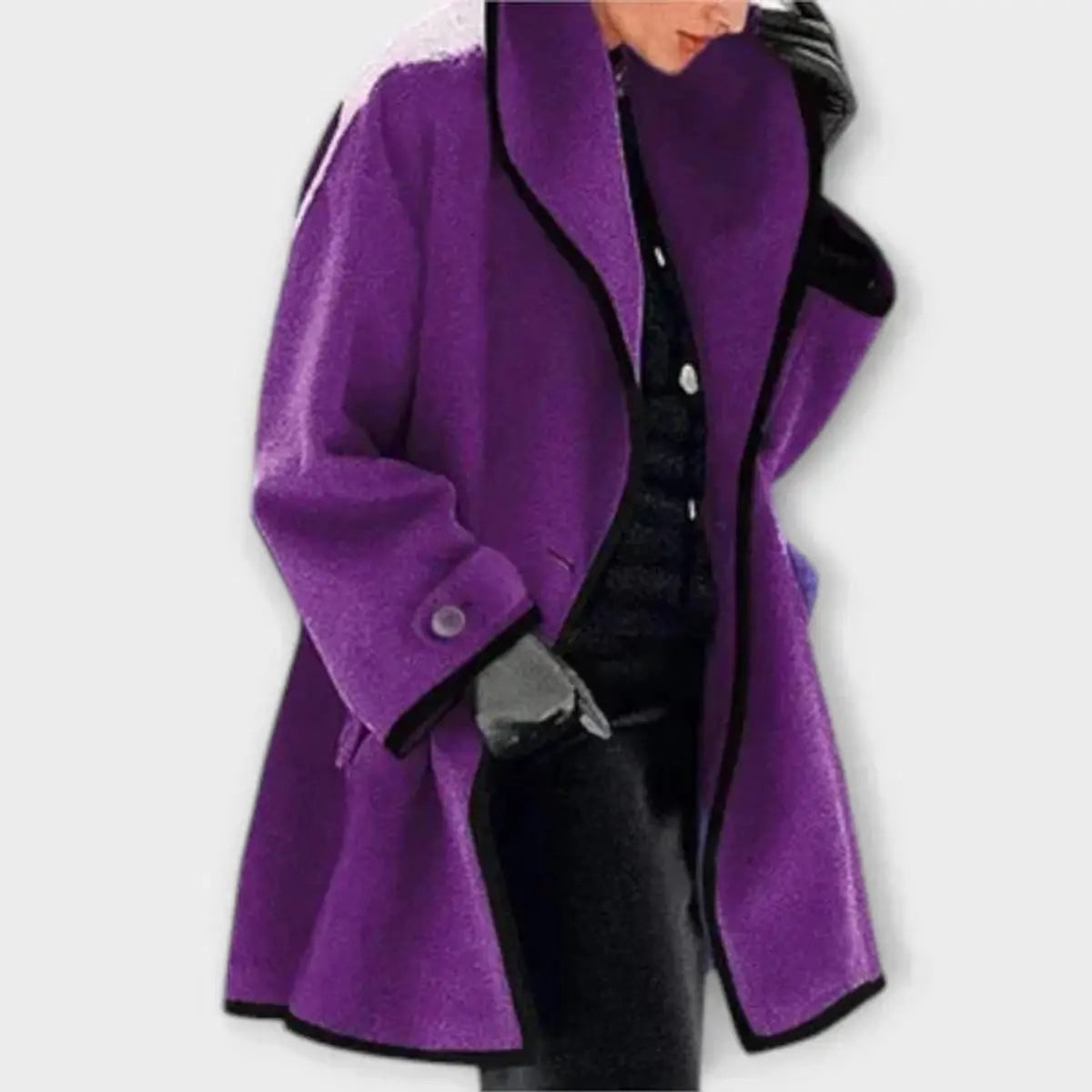 Women Coat Oversized Wool-Blend Swing Coat Black Contrast Trim - Lilac