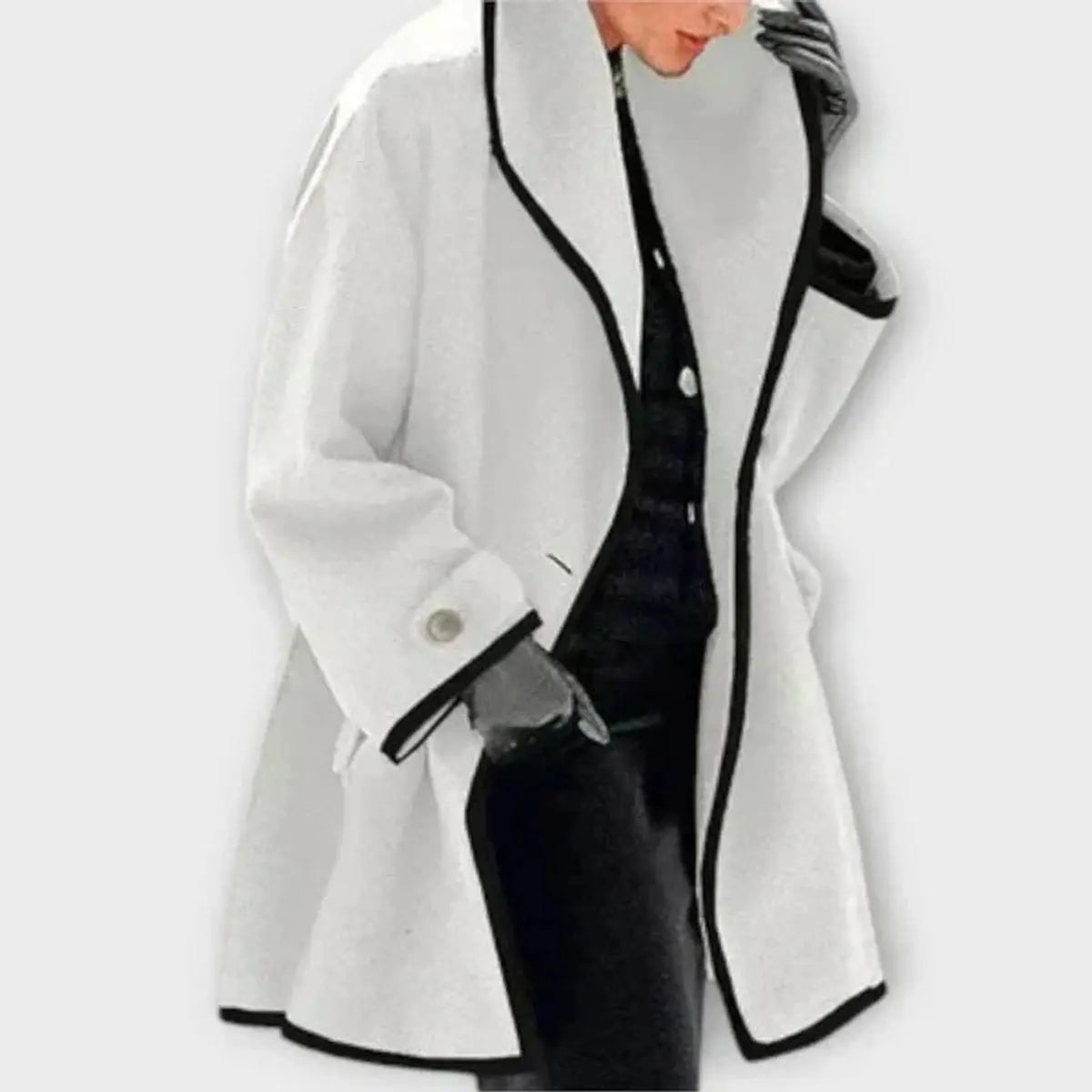 Women Coat Oversized Wool-Blend Swing Coat Black Contrast Trim - White