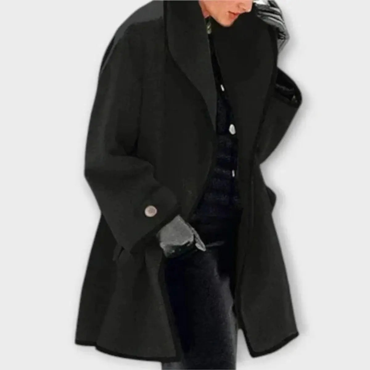 Women Coat Oversized Wool-Blend Swing Coat Black Contrast Trim - Black