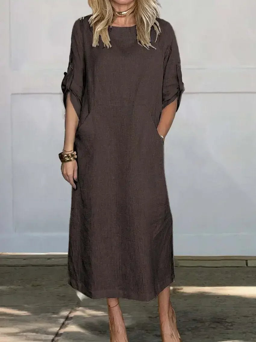 Women's A-Line Loose Fit Midi Dress - Coffee