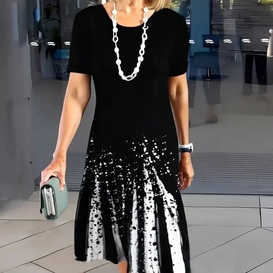 Women's A-Line Midi Dress Short Sleeve Printed - Black