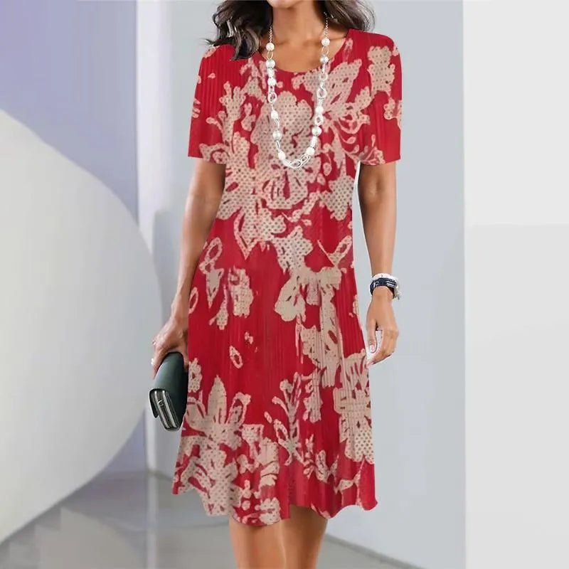 Women's A-Line Midi Dress Short Sleeve Printed - Red