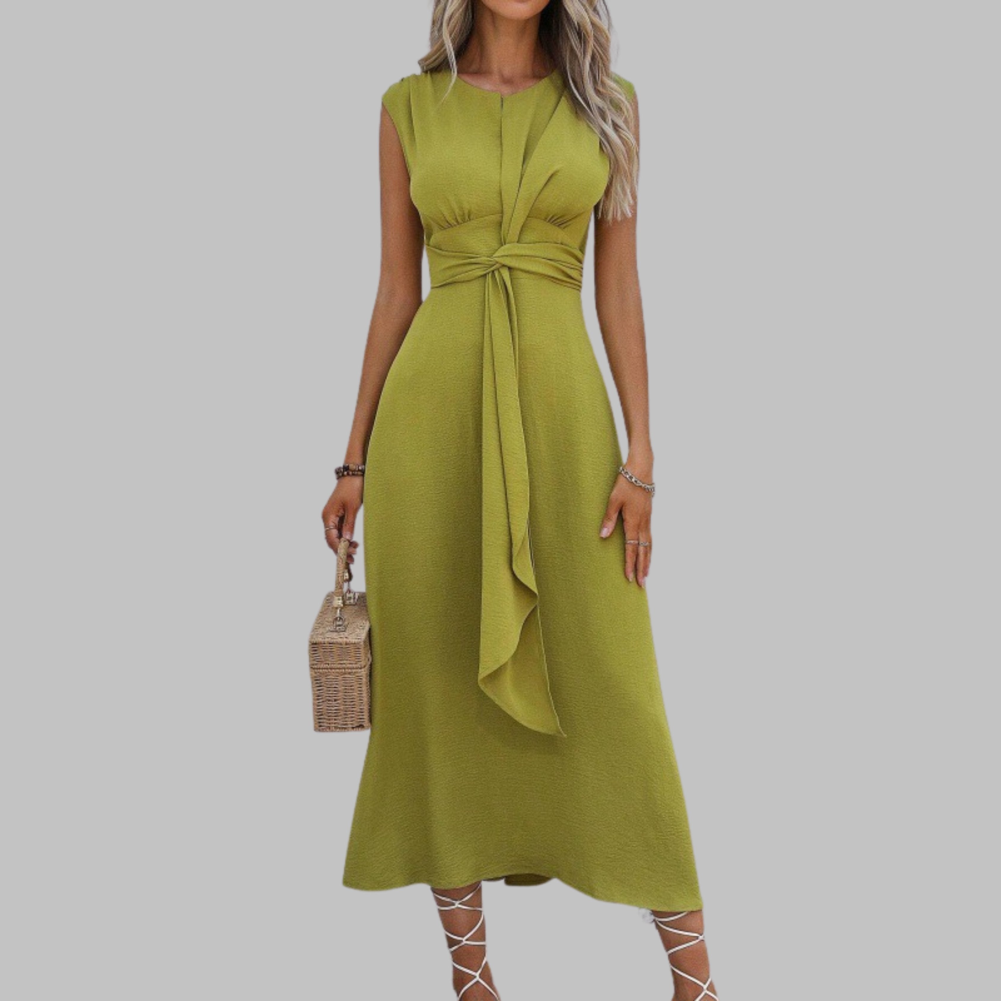 Women's A-Line Midi Dress Sleeveless Self-Tie Belt - Yellow