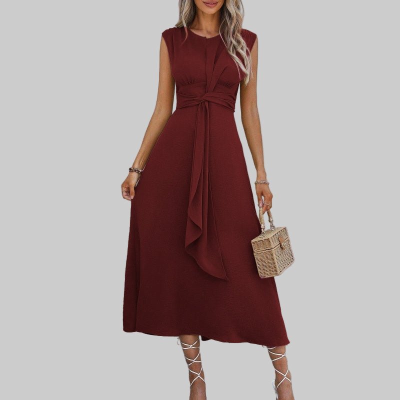 Women's A-Line Midi Dress Sleeveless Self-Tie Belt - Maroon
