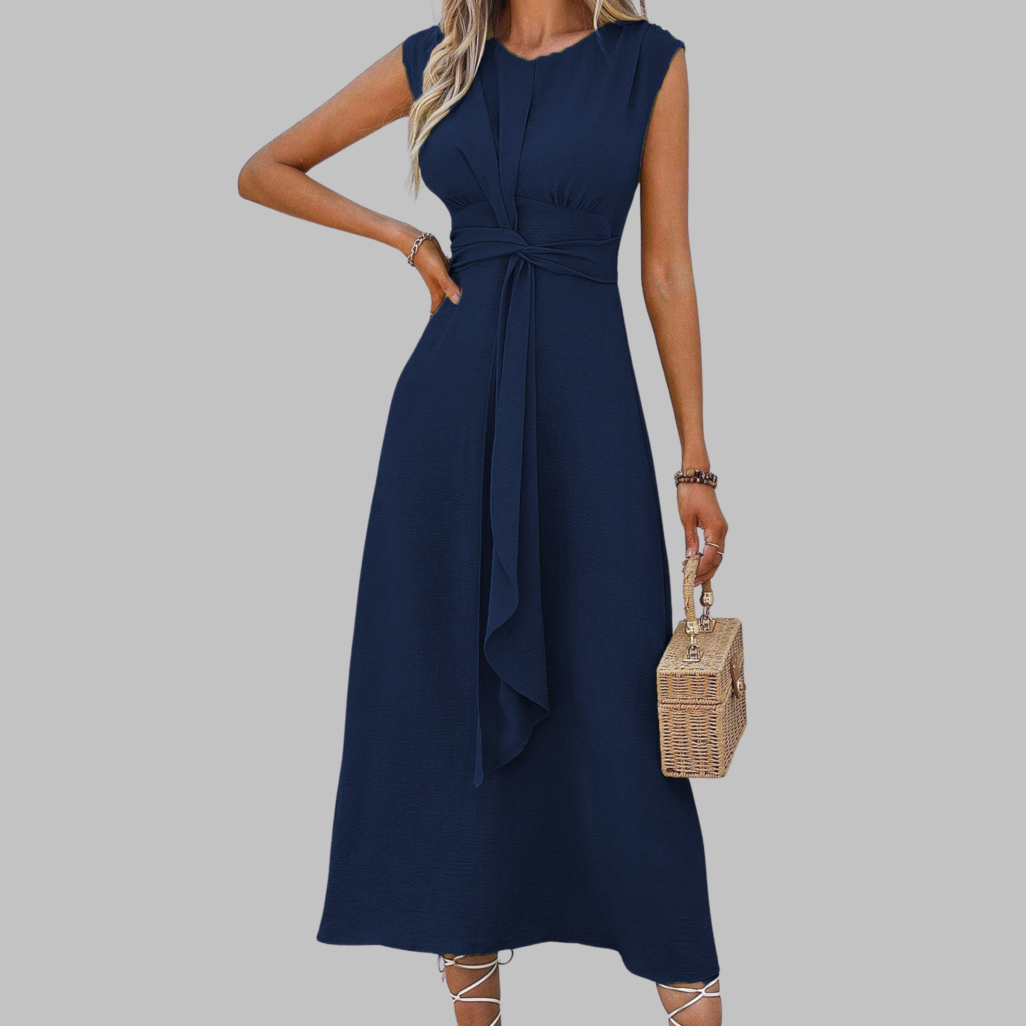 Women's A-Line Midi Dress Sleeveless Self-Tie Belt - Dark Blue