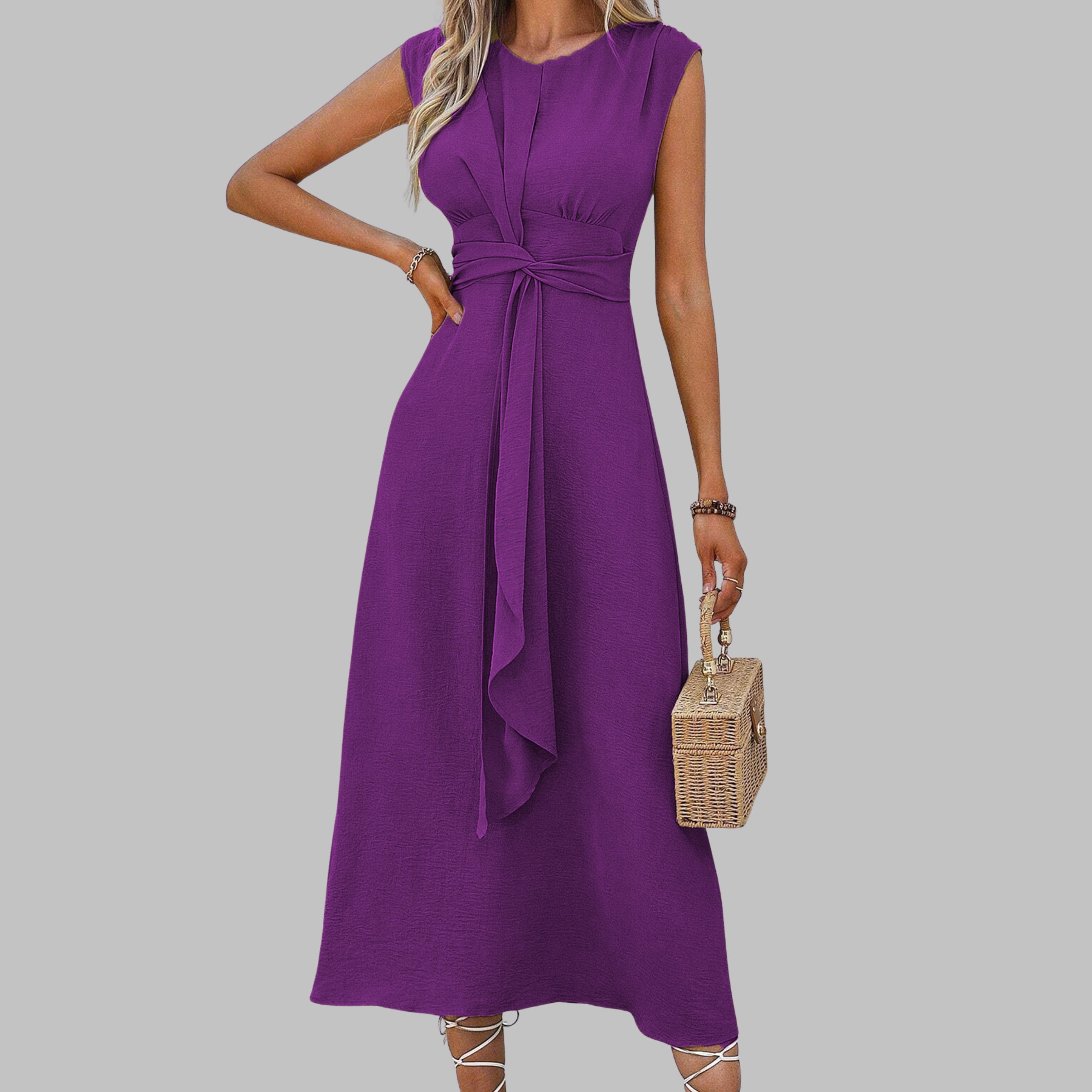 Women's A-Line Midi Dress Sleeveless Self-Tie Belt - Purple