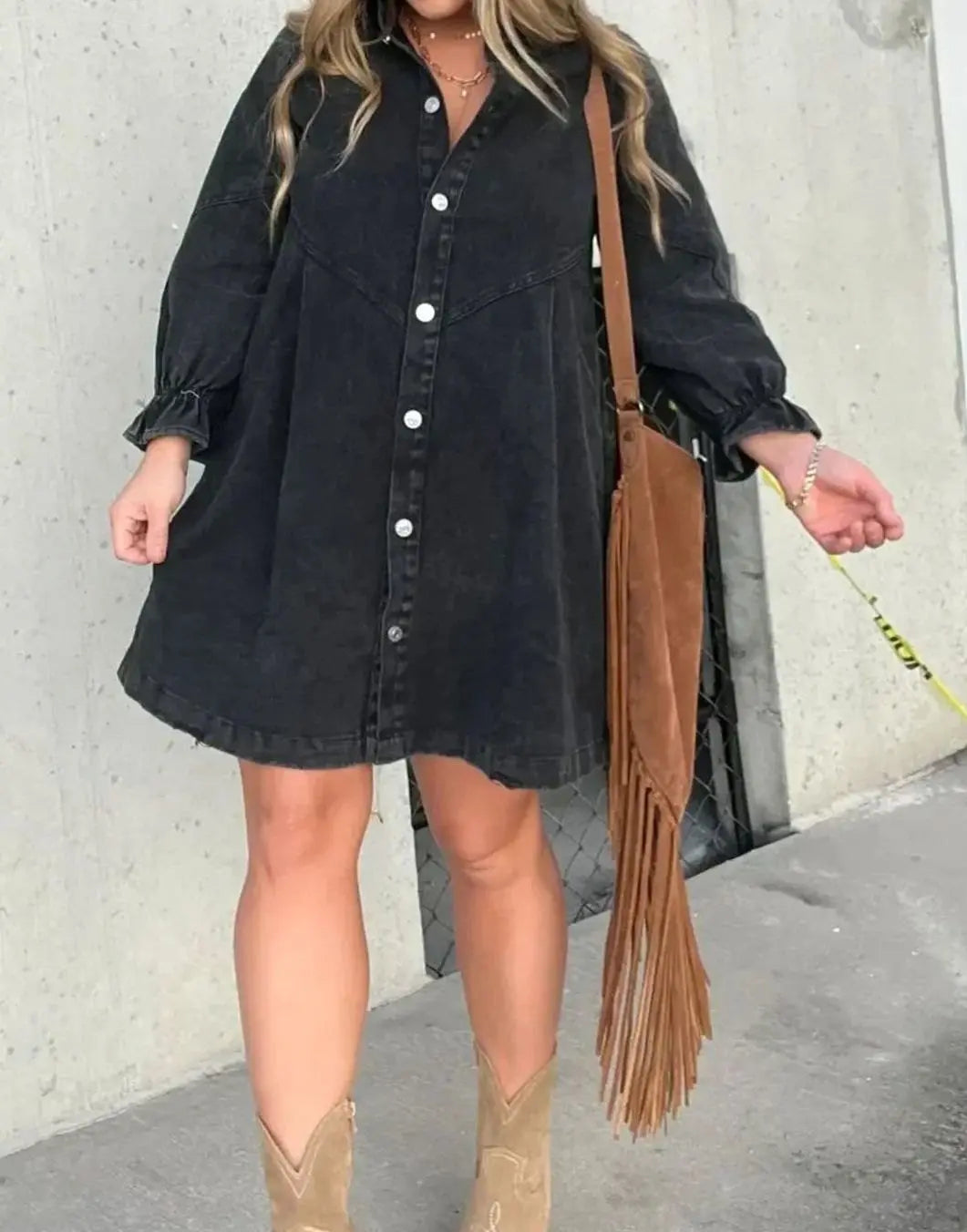 Women's Acid-Wash Denim Mini Party Dress Button-Down Ruffle Sleeve - Black