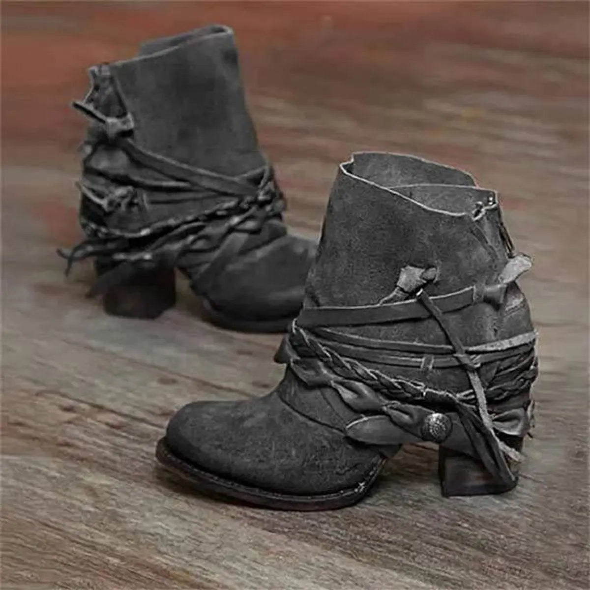 Women's Ankle Boots Faux Suede Western Block Heel Strappy - Gray