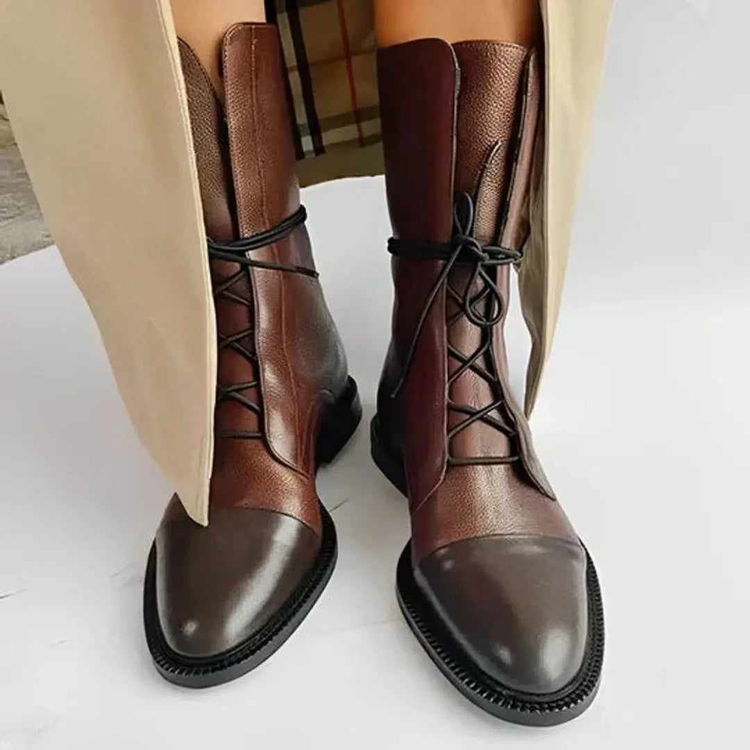 Women's Ankle Boots Lace-Up Leather-Look Mid-Calf - Brown