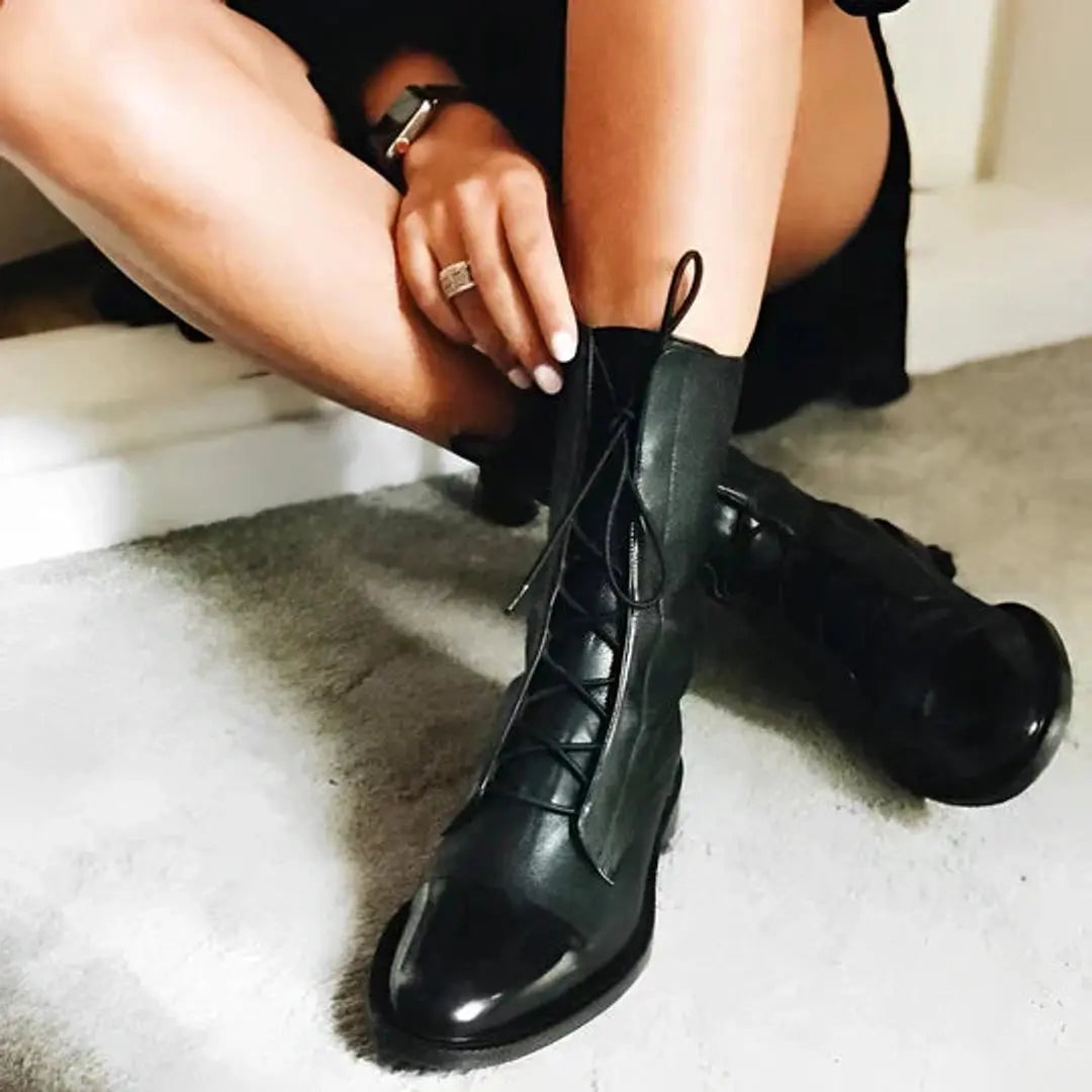 Women's Ankle Boots Lace-Up Leather-Look Mid-Calf