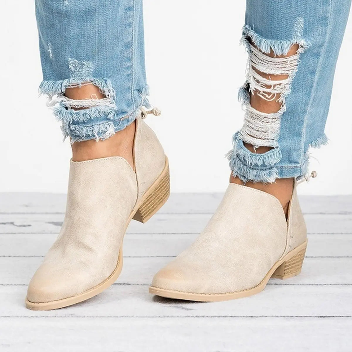 Women's Ankle Boots Slip-On Block Heel Vintage Booties - Beige