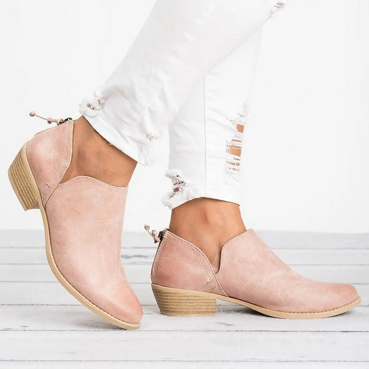 Women's Ankle Boots Slip-On Block Heel Vintage Booties - Pink