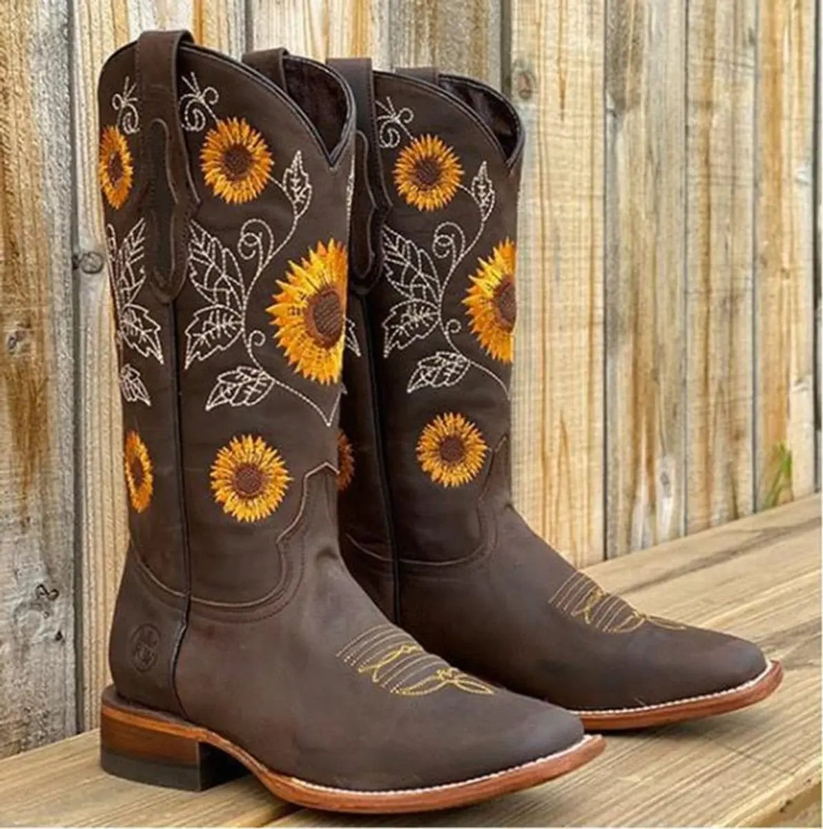 Women's Ankle Boots Sunflower Embroidered Pull-On Cowboy Mid-Calf - Dark Brown