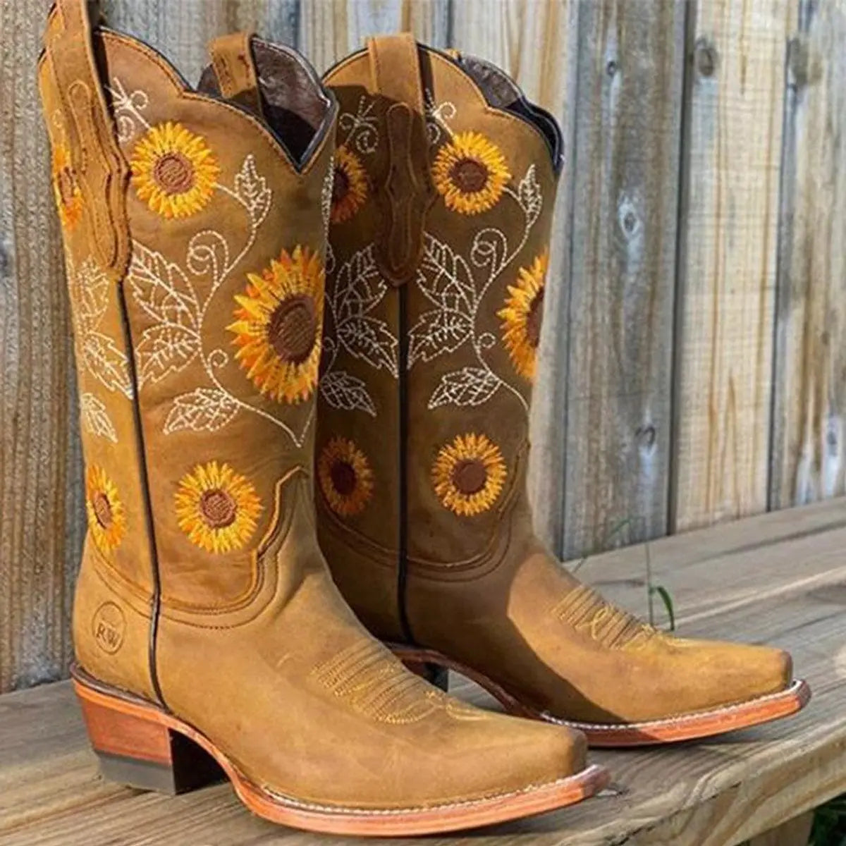 Women's Ankle Boots Sunflower Embroidered Pull-On Cowboy Mid-Calf